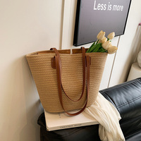 Tas Selempang Anyaman Tali Seagrass & Kain Warna Solid Buatan Tangan, Kapasitas Besar, Tahan Air, Model Buka-Tutup