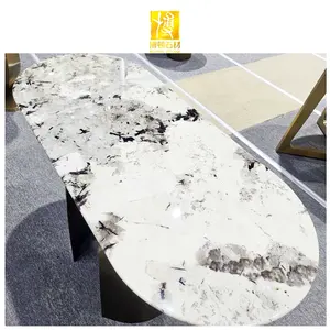 Mesa de jantar luxuosa em pedra natural de pedra Boton, sala de jantar moderna em mármore branco redondo