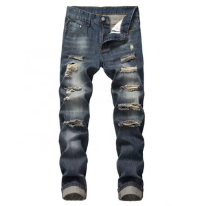 Pantalones Largos de Hombre al por Mayor con Bolsillos con Cremallera, Vaqueros Biker Azules Desgastados de Moda, Pantalones Vaqueros Negros Rotos y Desgastados para Hombre - Product Image 2