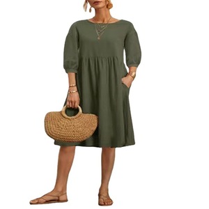 Vestido Casual de Verano para Mujer, de Algodón y Lino, Holgado, Cuello Redondo, Manga Corta, Vestidos de Mujer - Product Image 5