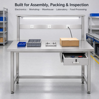 Plan de travail en acier inoxydable avec éclairage LED et prise de courant, table d'assemblage robuste pour l'inspection électronique