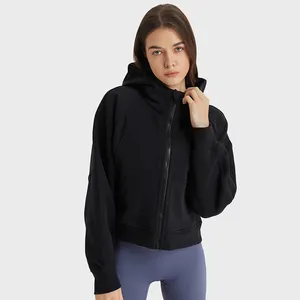Custom Logo Sports Active Wear Women's Hoodies High Quality Cotton Fleece Oversized Fit Full Zip Up Thumbholes Crop Top Hoodie