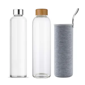 2023新款热销环保透明水瓶高硼硅酸盐玻璃水瓶，带竹盖或不锈钢盖