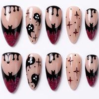 Faux ongles d'Halloween personnalisés, courts, carrés, gothiques, à presser, peints à la main, effet œil de démon, œil de chat, pailletés