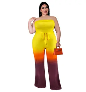 C0305ME78 Jumpsuit Satu Potong Bahu Terbuka, Atasan Pipa Cetak Gradien Ukuran Plus dengan Sabuk Sehe Fashion