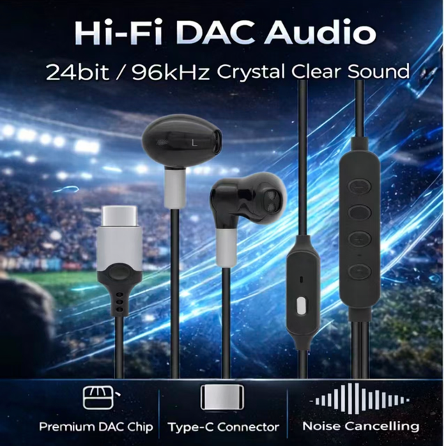 Semi-In-Ear Design Wired Earphones 1.2M USB Type-C JL 24bit/96kHz DAC AI ENC Noise Cancelling Headphones Mic Streaming Gaming