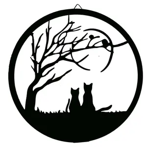 Jh-mech ODM ứng dụng rộng mặt trăng treo trên ngọn cây hai màu thiết kế màu đen và nâu mèo cắt laser kim loại tường nghệ thuật trang trí