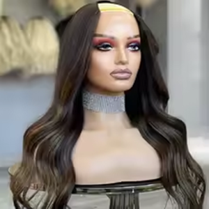 Perruques V-Part en cheveux humains 100% naturels, brun avec mèches, pour femmes noires, sans colle, 28 pouces de long, ondulées, style Body Wave - Product Image 2