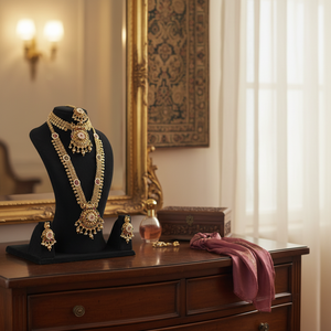 Gold Plated Kundan Stone and <b>Beads</b> Double Necklace <b>Set</b> 10581341PGR Fine Jewelry <b>Set</b> - Product Image 3