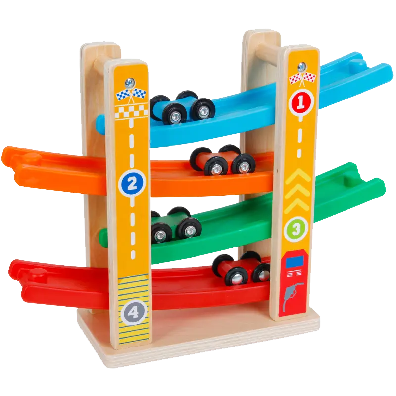 Venta al por mayor de juguetes educativos Montessori, juguetes de madera, pista de carreras Clack, rampa deslizante, coche Zag con 4 Mini coches