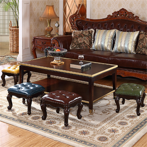 Repose-pieds de style villa traditionnel avec pieds en bois massif, tabouret rembourré en cuir véritable, antique, pour chambre d'enfant, salon, divers modèles - Product Image 3