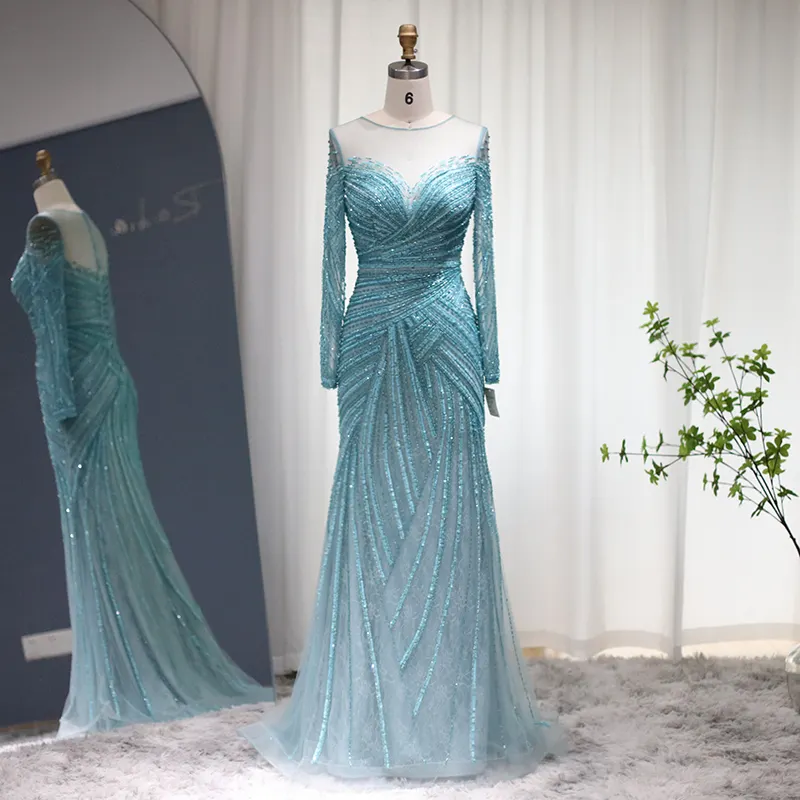 Cz244 vestidos de noite sereia azul dubai, para casamento 2023 elegante branco com manga comprida, formal