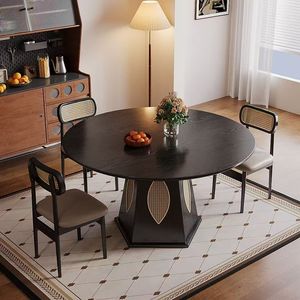 Nordic Modern Extendable Dining Table Rattan-<strong>Inlaid</strong> Pedestal Base Solid <strong>Wood</strong> Waterproof Assembled for Home Hotel Dining Room - Product Image 6