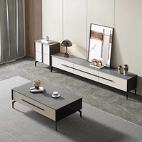 Ensemble meuble TV et table basse gris moderne avec plateau en marbre blanc et pieds dorés, meuble de rangement pour salon