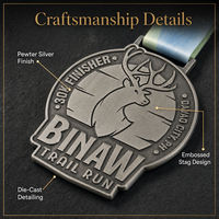 Custom Zinc Alloy Casting Antique Silver Finish Trail Run Medal with Digital Printing Ribbon