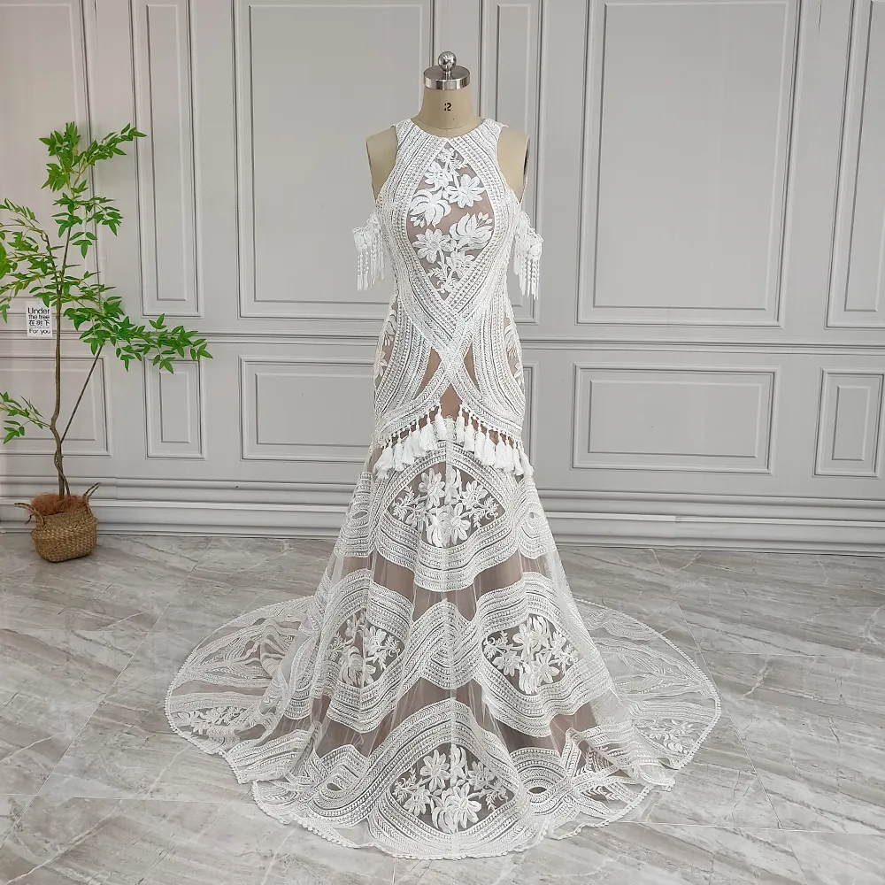 100% hình ảnh thực sự chất lượng cao Boho tắt Vai Ren Wedding Dress cho cô dâu backless Nàng Tiên Cá Bridal Gown với tua 2024