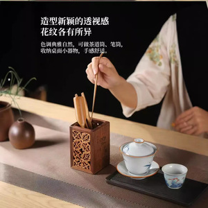 Kangyi Wooden <b>Pen</b> Holder Square Walnut Wood Storage Bucket Tea Ceremony Container For Desk Office Use - Product Image 3