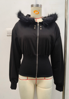 Sweat-shirt à capuche pour femme, style rétro Y2K, col en fourrure, patchwork, avec poche, fausse fourrure, noir