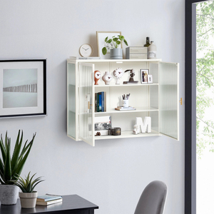 Armadio moderno a due porte a muro bianco con tre livelli di stoccaggio e porta in vetro per ingresso da pranzo e bagno-Temu FCJ