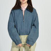 Veste en jean courte Jxwatcher printemps-automne avec col en cuir véritable suédé, fermeture éclair, pour femmes