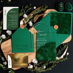Custom Arch Shape Acrylic Wedding <strong>Invitation</strong> Cards White Ink Printing <strong>Invitations</strong> with Dark Green Velvet Pocket and Envelope - Product Image 4