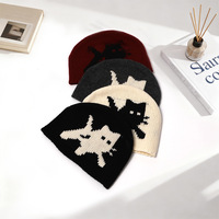 Bonnet en laine jacquard motif chat de dessin animé pour femme, style coréen décontracté, effet amincissant, chaud pour l'hiver