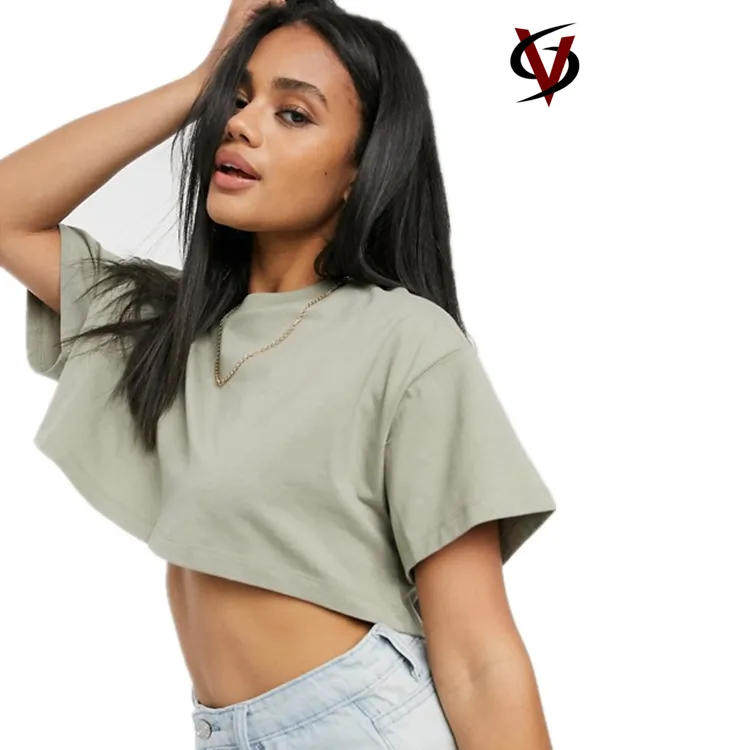 Desain Terbaru Kaus Atasan Crop Longgar Wanita, Leher Bulat 100% Katun Kaos Crop Top Musim Panas