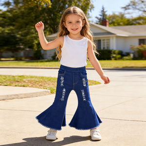 Jeans en denim évasés personnalisés pour petites filles, pantalon à pattes d'éléphant pour enfants, bébés, tout-petits, bleu foncé, déchiré, pour filles de 10 à <span class=keywords><strong>12</strong></span> <span class=keywords><strong>ans</strong></span> - Product Image 1