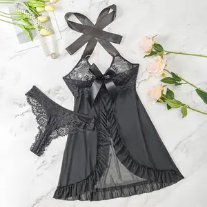 Ensemble de vêtements de nuit sexy et séduisant Europe et Amérique Lingerie en perspective avec nœud en dentelle Sous-vêtements Robe de nuit pour femmes