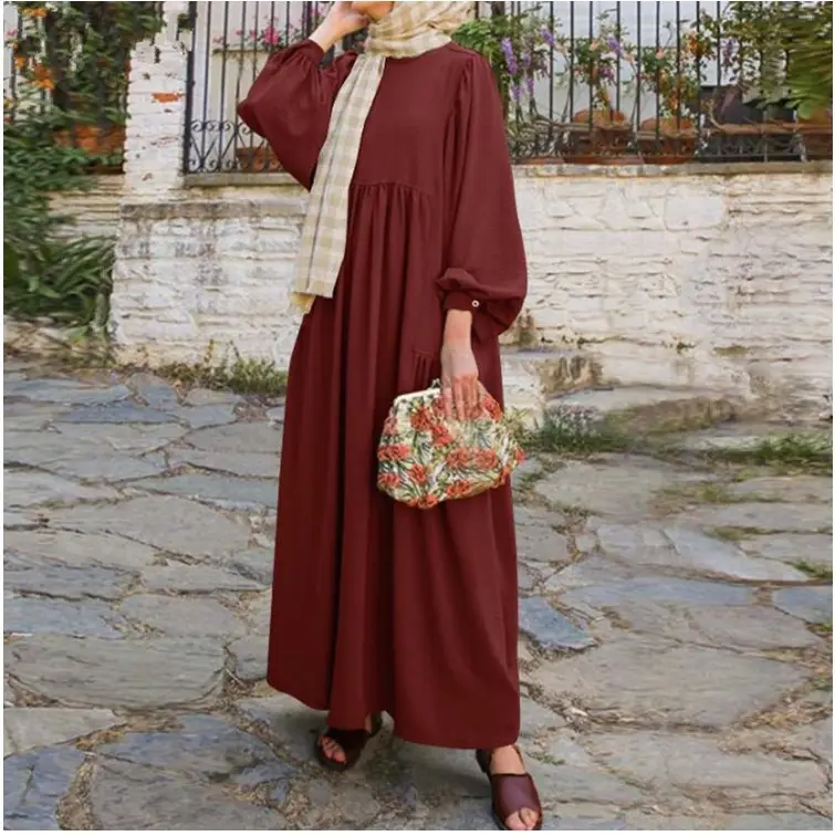 Moyen-Orient Arabie Saoudite Femmes Robes Mode Couleur Unie Col Rond Lanterne Manches Abaya Femmes Robe Musulmane Dubaï