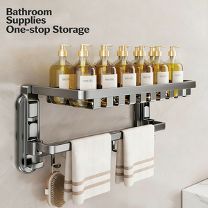 Porte-serviettes à ventouse avec panier, étagère <span class=keywords><strong>de</strong></span> <span class=keywords><strong>salle</strong></span> <span class=keywords><strong>de</strong></span> bain tout-en-un sans perçage, organisateur <span class=keywords><strong>de</strong></span> rangement <span class=keywords><strong>de</strong></span> douche pliable - Product Image 5