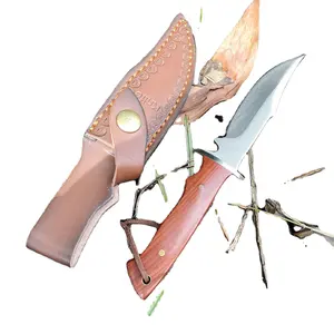 Cuchillo de bolsillo para caza, hoja fija, cuchillo de supervivencia para acampar al aire libre, mango de madera, punta de clip, protección para dedos de molienda biselada