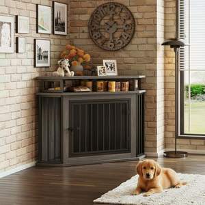 Cage d'angle pour <span class=keywords><strong>chien</strong></span> de 44 pouces avec 2 étagères, meuble pour <span class=keywords><strong>chien</strong></span> en bois massif, support TV, non pliable, fabriqué au Fujian, salon moderne GELIN - Product Image 4