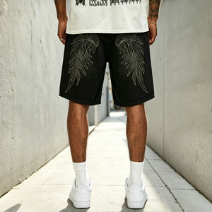 Men Black <b>Baggy</b> Denim Shorts Back Wing Rhinestone Design Streetwear Loose Fit Washed Mens <b>Jorts</b> - Product Image 1
