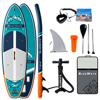 Vente Flash : Planche à pagaie gonflable extra large 11' x 36" en Drop Stitch, Teal Navy Mountain Vista avec bordure orange, kit polyvalent