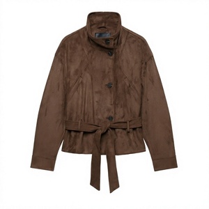 Women's <b>Suede</b> Jacket <b>Belted</b> Short Coat Brown Autumn Winter Fashion Outerwear - Product Image 3
