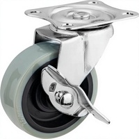 Roue pivotante en PVC grise à fixation par plaque avec frein latéral pour chariot et mobilier