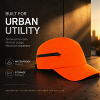 Groothandel op maat gemaakte logo oranje 5-panel tech cap met zijritszak, utility sport pet, fabrieksprijs, geschikt voor hardlopen