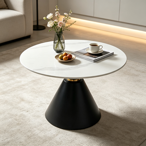 Table d'appoint de luxe en pierre frittée ronde, plateau veiné blanc, base conique noire avec anneau doré, table de salon, table d'hôtel - Product Image 5