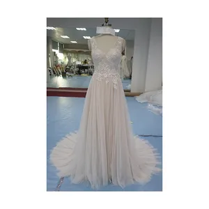 Vestido de novia sin mangas de encaje blanco estampado, de lujo, para boda, profundo escote en V, doble hombro