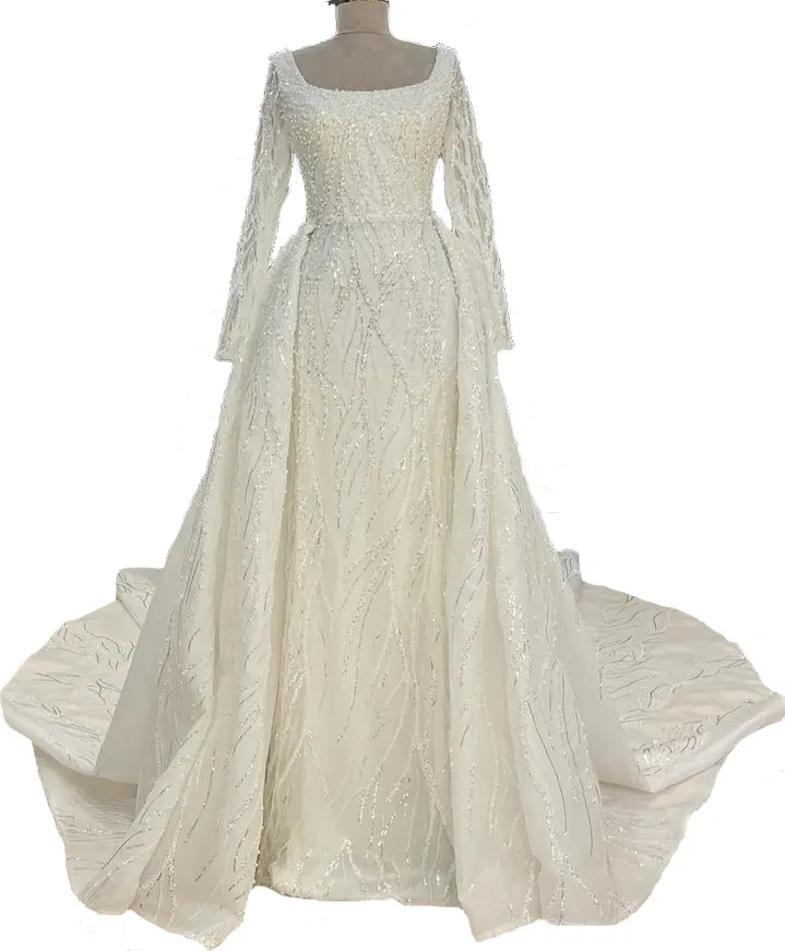 Hot Sale Elegant Bridal Wedding Dress Long Sleeve Square Neck Beaded Sequin Detachable Long Tail Wedding Dress For Women
