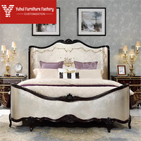Cama Doble Británica Alexander, Cama Matrimonial Europea Tallada y Pintada a Mano con Lámina Plateada, Cama Doble de Lujo de Madera Maciza