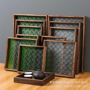 Wooden Serving Tray Rectangular Enamel Glass Inlay Decorative <b>Teacup</b> Plate For Tea Set Home Use - Product Image 1