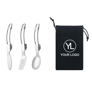 Custom LOGO <b>Mirror</b> Polish <b>Foldable</b> 304 Stainless Steel Spoon Fork Knife Travel Cutlery Set with Storage Pouch - Product Image 1