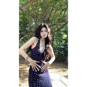 Korean Style Lace Patchwork Floral Print Halter Long Dress Tight Waist Beach Leisure Casual Dress - Product Image 5