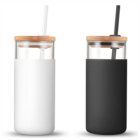 New Design Drinking Glasses Set Custom Borosilicate Glass Tumbler Glass Water Bottle Straw Silicone Sleeve Bamboo Lid