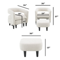 Fauteuil d'appoint beige incurvé avec pouf assorti, pieds coniques en bois massif, compact, pour la lecture