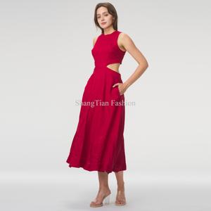 Vestido Midi Rojo de Lino para Mujer, Personalizado, de Alta Calidad, con Cuello Alto y Corte Sexy sin Mangas - Product Image 3
