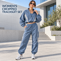 Ensemble de survêtement deux pièces personnalisé pour femme, veste courte à col montant et demi-zip color block, pantalon cargo assorti, tenue décontractée
