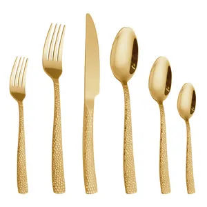 Wholesale Stainless Steel Gold Cutlery Hammer Style Crofton Al di PVD Coating Flatware Set